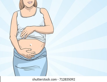 Vector illustration of pregnant woman making heart gesture over her belly, Pregnancy, love and people expectation concept, Colored hand drawn sketch isolated on background of blue rays