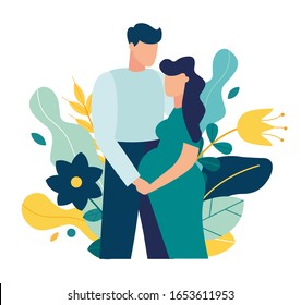 Vector illustration of a pregnant woman with a man, a couple expecting a baby around flowers