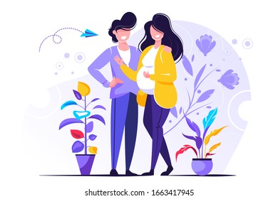 Vector illustration of a pregnant woman with a man, a couple expecting a baby around flowers