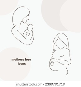 Vector illustration of pregnant woman and mother holding her newborn baby