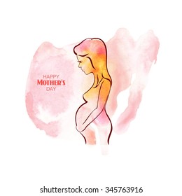 Vector illustration of pregnant woman in pink watercolors, mother's day.