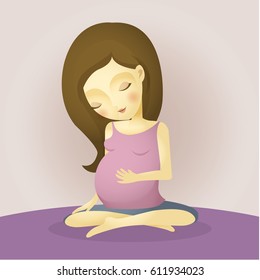 Vector illustration of a pregnant woman sitting and touch her womb happily.