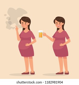 vector illustration pregnant woman smoking cigarette and drink a beer, bad lifestyle pregnant women