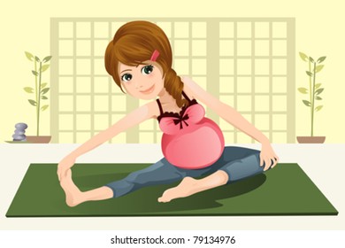 A vector illustration of a pregnant woman stretching before doing pregnancy yoga