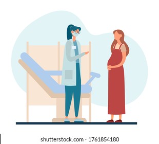 Vector illustration of pregnant woman talking with female obstetrician while standing near gynecological chair during visit in contemporary fertility clinic