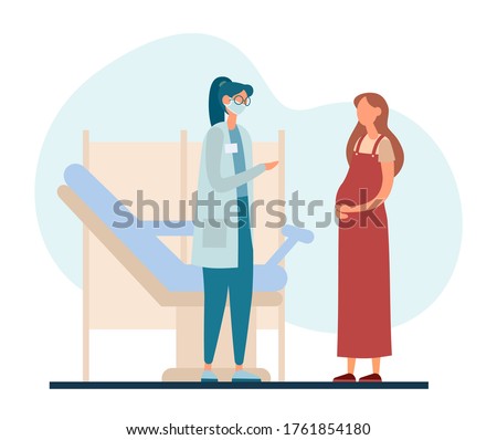 Vector illustration of pregnant woman talking with female obstetrician while standing near gynecological chair during visit in contemporary fertility clinic