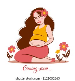 Vector illustration  of pregnant woman touching her big belly. Motherhood, pregnancy, people and expectation concept. Pregnant woman expecting baby