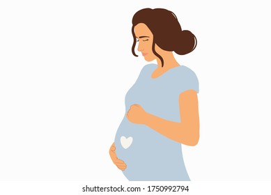 Vector illustration of a pregnant woman, touching her belly. Drawing in flat style on the color background