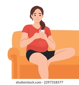 Vector illustration of a pregnant woman using a smartphone in the room sitting on a couch. Flat vector illustration isolated on white background