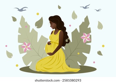 Vector illustration of pregnant woman in yellow dress  sitting on her knees in nature