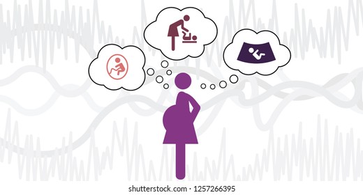 vector illustration of pregnant women worrying about baby with thinking bubbles