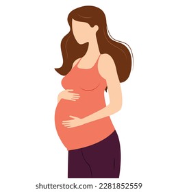 Vector illustration of pregnant young woman with long hair in pink tank top pants holding her bump with hands. Female reproductive health maternity childbirth  in vitro fertilization concept