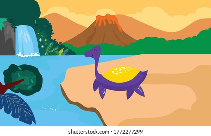 vector illustration of prehistoric animal life in the open. river, lake