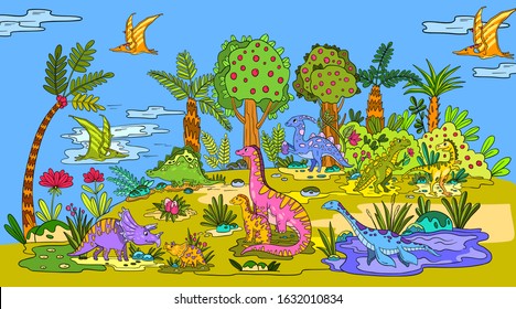 Vector illustration with prehistoric landscape, trees, plants and cute dinosaurs. Kid’s background with ancient creatures in cartoon style. For children books, nursery posters, educational materials