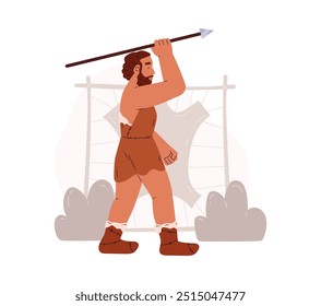 Una Ilustración vectorial de un guerrero fuerte prehistórico vestido con pieles de animales sosteniendo una lanza. Un hombre de las cavernas de pie sobre un fondo blanco, para el diseño histórico
