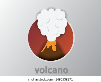 Vector illustration of prehistoric volcano eruption, lava and smoky sky in flat paper cut style.