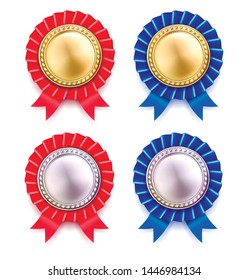 Vector illustration of premium blue and red award badges.