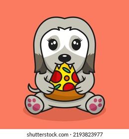 Vector illustration of premium cute dog eating pizza