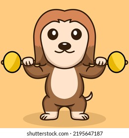 Ilustración vectorial de perro lindo premium haciendo deporte levantando oro