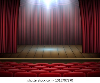 Vector illustration of Premium red curtains stage, theater or opera background with spotlight