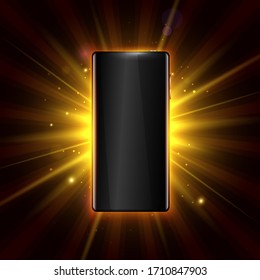 Vector Illustration Premium Smartphone On Golden Glow. High Quality Mobile Phone Background