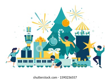 vector illustration, preparation for the holiday, New Year and Christmas, children having fun around the Christmas tree and gifts, children's holiday