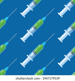  Vector illustration of preparation for an injection or surgery. Pattern of isolated syringes with anesthesia. 