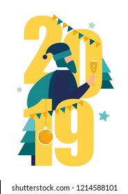 Vector illustration of the preparation for the new year, are engaged in decoration, the inscription New Year 2019, congratulation