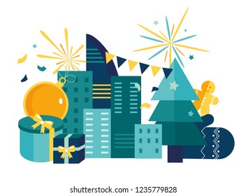 Vector illustration, preparation for the new year in the city, festive atmosphere decoration and fireworks, the main tree