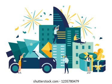 Vector illustration, preparation for the new year in the city, festive decoration of the atmosphere and fireworks, the main tree