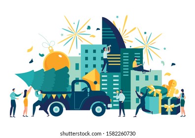 Vector illustration, preparation for the new year in the city, festive decoration of the atmosphere and fireworks, the main tree 