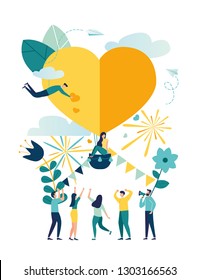 Vector illustration, preparation for Valentine's Day, teamwork, big airy heart, holiday love symbol - Vector