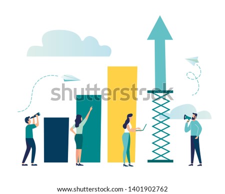 Vector illustration, prepare the launch of a business project. rise of career to success, flat color icons, business analysis, take-off scale up