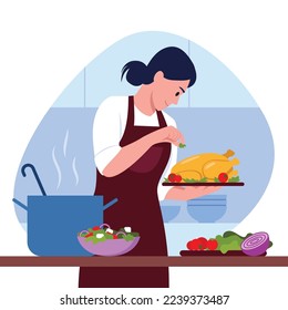 Ilustración vectorial del desayuno preparado. Escena de caricatura con una chica que cocinaba deliciosa cena para su familia con fondo blanco.