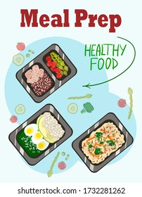 Vector illustration with a prepared meal. A portion of food in a container, snacks, and vegetables. Nutrition for a healthy lifestyle. Chicken, rice, vegetables, avocado. Cooking for a week.