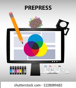 Vector Illustration Of Prepress Or Graphic Design Concept. Computer Lcd Monitor With Elements Of Graphic Arts, Printing And Design. Illustration Is Suitable For An Article About Printing Or Graphic.