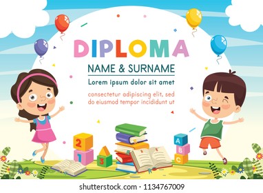 Vector Illustration Of Preschool Kids Diploma