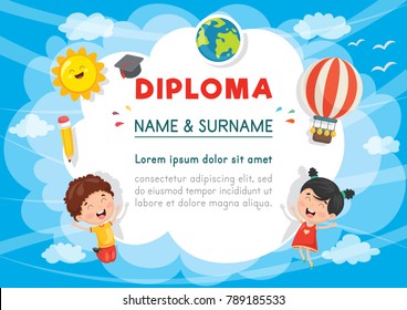 Vector Illustration Of Preschool Kids Diploma