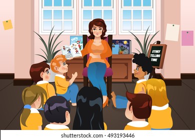 A vector illustration of a Preschool Teacher Reading a Book During Story Time