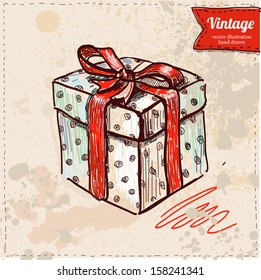 Vector illustration present box hand draw vintage paper background  red bow