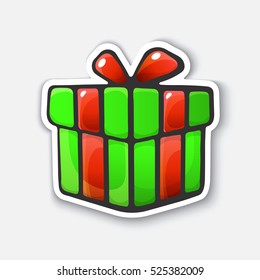 Vector illustration. Present box tied ribbon. Cartoon funny sticker in comic style with contour. Decorative stickers for your greeting cards, posters, patches and prints for clothes, flyers, emblems