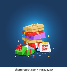 Vector Illustration Present Secret Santa. Christmas Celebration Lot Of Colorful Gift Box Icon Cartoon Style