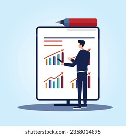 vector illustration of presentation of business growth . A business man presenting business growth financial data and marketing in a meating in graph chart. Business concept  vector illustration. 