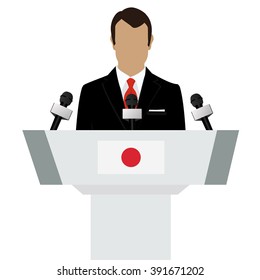 Vector illustration presentation conference concept. Speaker, man in suit speaking from tribune. Japan, Japanese flag on podium tribune