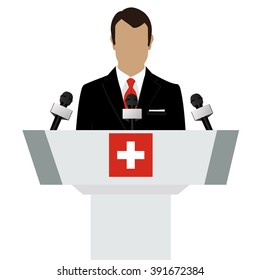 Vector illustration presentation conference concept. Speaker, man in suit speaking from tribune. Switzerland flag on podium tribune