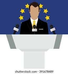 Vector illustration presentation conference concept. Speaker, man in suit speaking from tribune. EU, european union flag on background