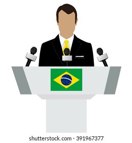 Vector illustration presentation conference concept. Speaker, man in suit speaking from tribune. Brazil, brazilian flag on podium tribune