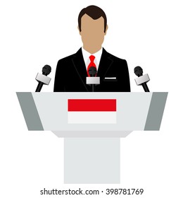 Vector illustration presentation conference concept. Speaker, man in suit speaking from tribune. Indonesia, Indonesian flag on podium tribune