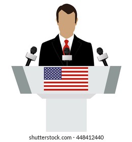 Vector illustration presentation conference concept. Speaker, man in suit speaking from tribune. USA, american flag on podium tribune
