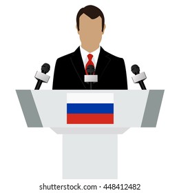 Vector illustration presentation conference concept. Speaker, man in suit speaking from tribune. Russia flag on podium tribune. Russian Federation